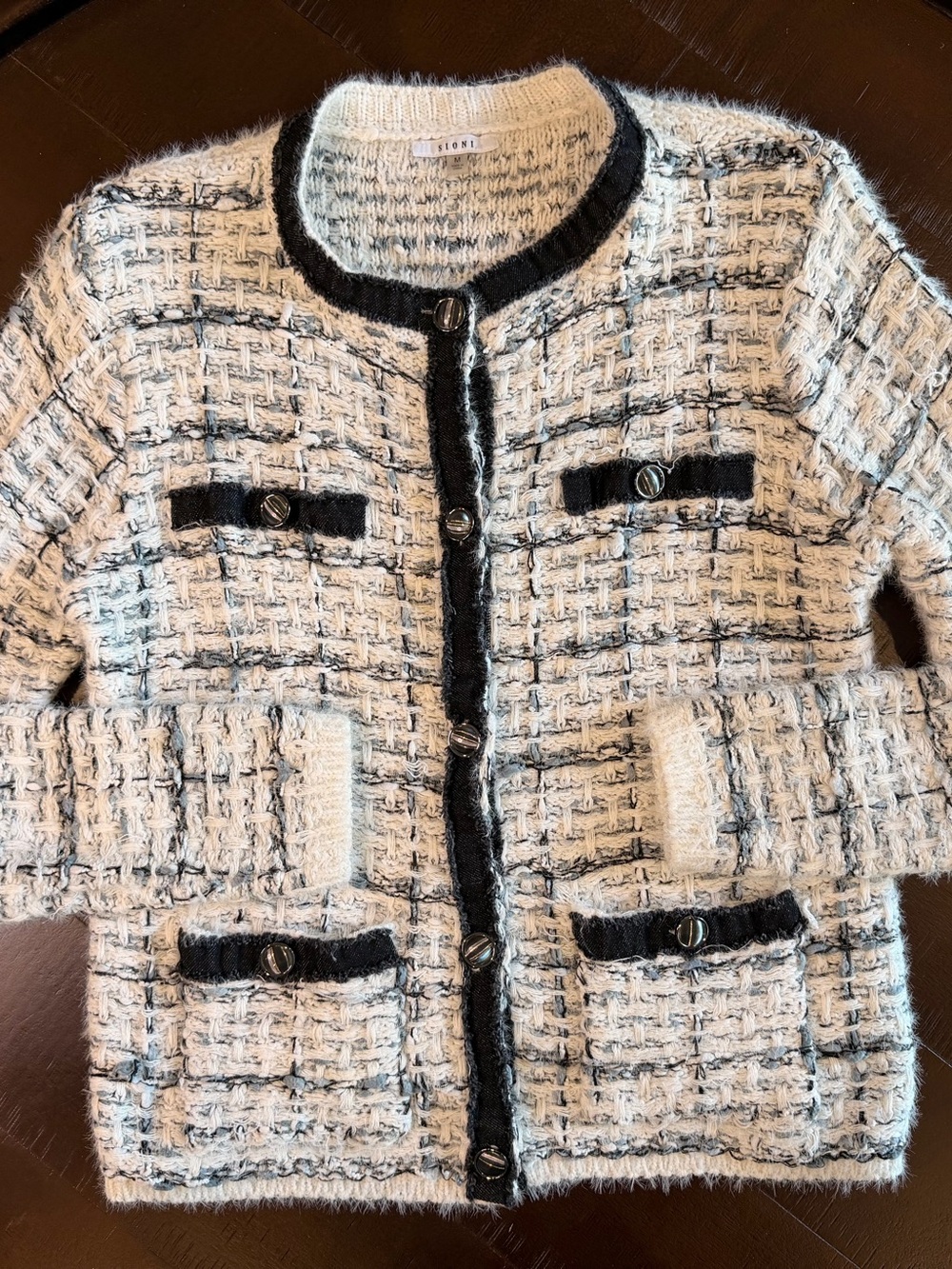 Sioni Women’s Tweed Cardigan Jacket Size M Ivory Black Plaid Button Front
